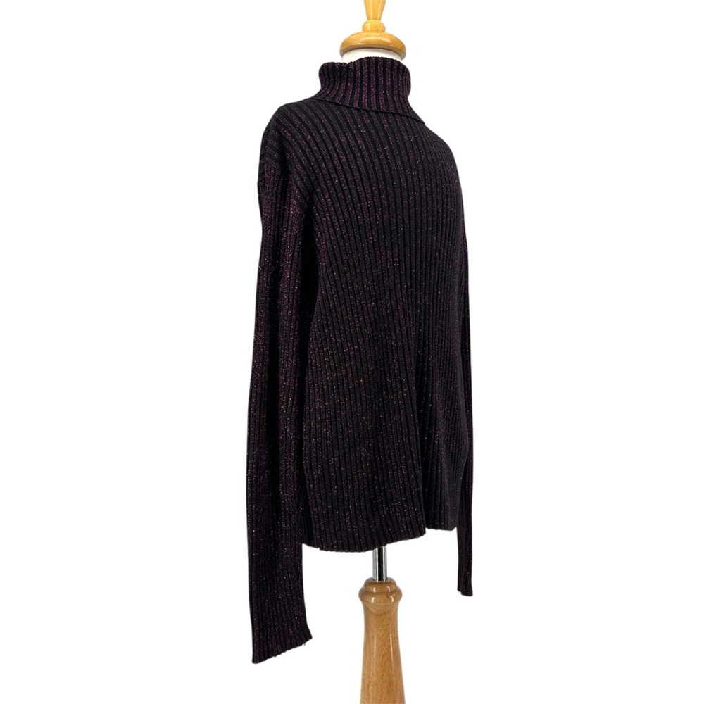 Vtg Y2K New York and Company Black and Purple Metallic Ribbed Turtleneck Sweater - Picture 6 of 11